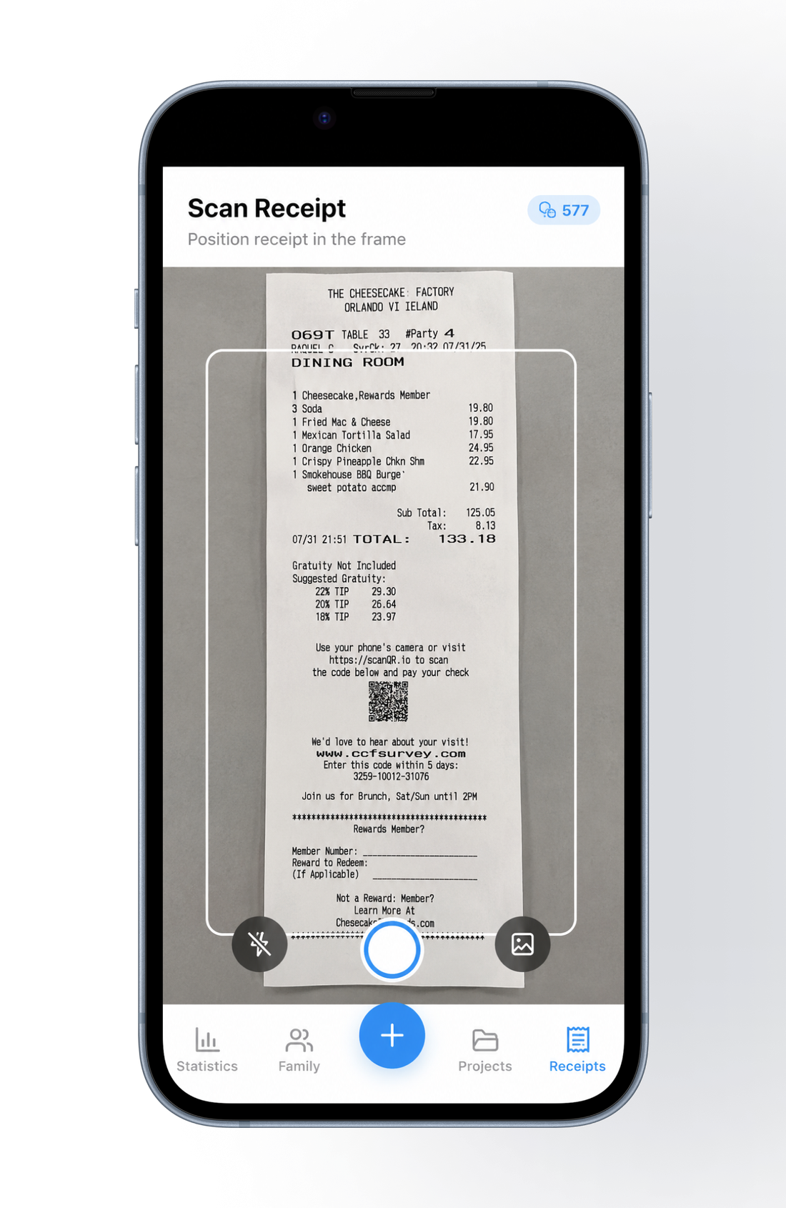 SplitSlip scanning a receipt from The Cheesecake Factory