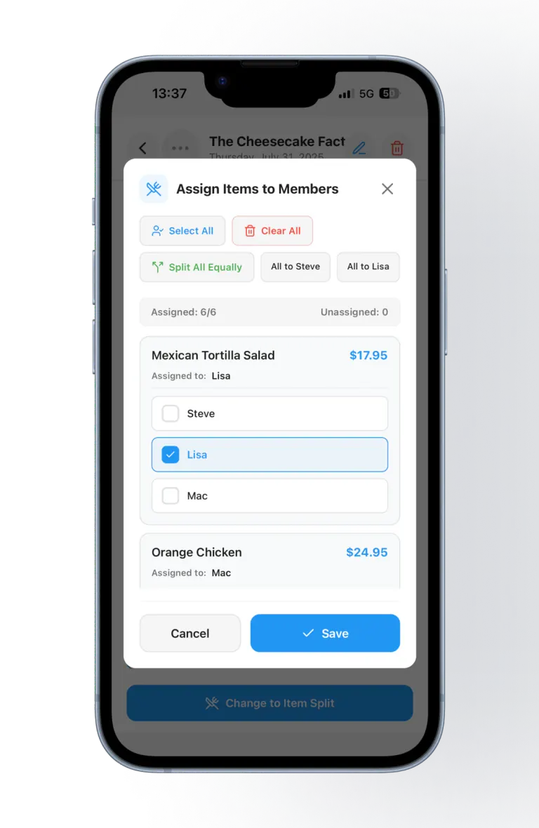 Asignación de artículos en la app de SplitSlip