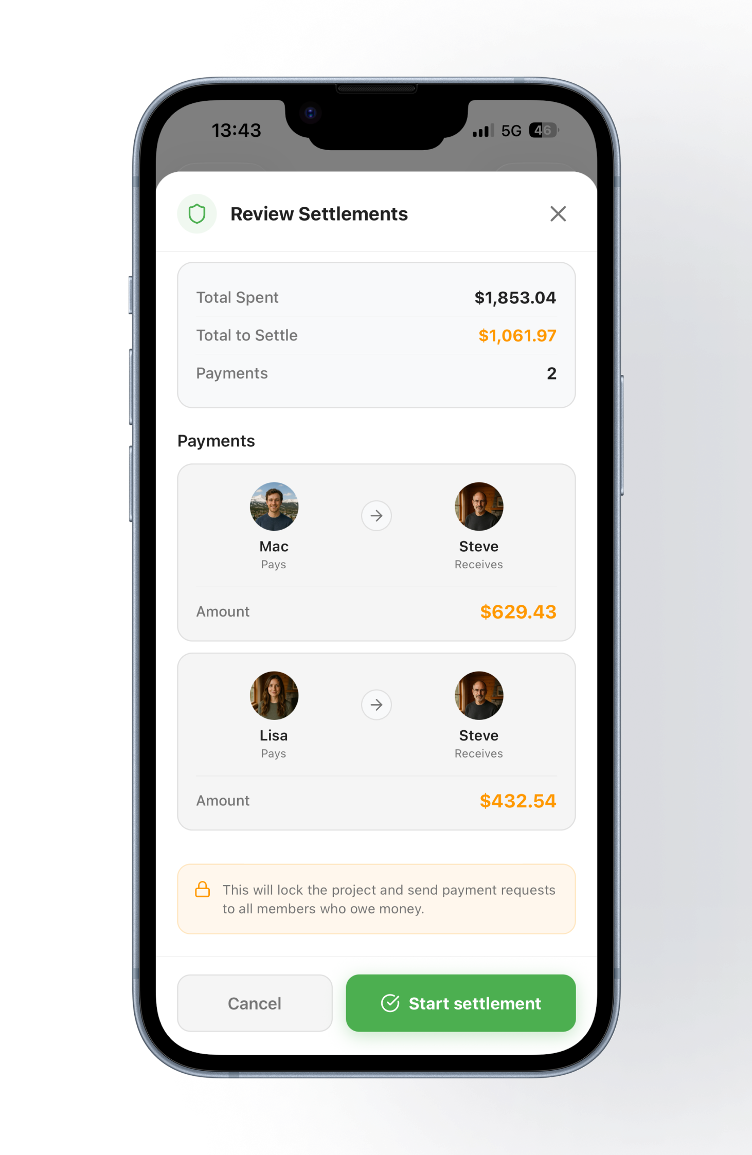 SplitSlip Review Settlements screen showing Mac and Lisa each paying Steve